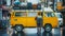 Person standing next to yellow camper van loaded with luggage on rainy street. Image captures the essence of travel and adventure