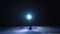 Person standing at night alone and using flashlight, shines at night, looking for something. Winter, snowfall, blizzard