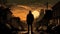 a person standing on a street with cars and a full moon