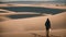 a person standing in the vast expanse of a desert, surrounded by sand dunes and under a clear sky, A video tour around the