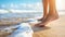 Person standing at water s edge, close up of feet in sandy beach, tranquil seaside moment