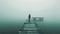 A person stands alone on a dock, surrounded by fog, An eerie apparition standing at the end of a foggy pier, AI Generated