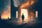 person stands in front of ruined and charred walls of burning house