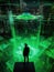 A person stands in a glass chamber surrounded by green lasers forming a holographic map of a new city.. AI generation