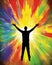 A person stands with their arms spread wide with a sunburst of colors behind them representing the diversity Psychology