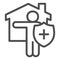 Person stay safe at home line icon. Figure with shield and cross near house outline style pictogram on white background