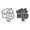 Person stay safe at home line and solid icon. Figure with shield and cross near house outline style pictogram on white