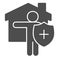 Person stay safe at home solid icon. Figure with shield and cross near house glyph style pictogram on white background
