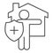 Person stay safe at home thin line icon. Figure with shield and cross near house outline style pictogram on white