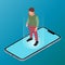 Person stepping out of smartphone screen. Modern lifestyle, cyberspace, augmented reality, virtual reality, digital detox.