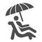 Person on sunbed solid icon, summer concept, Man lying on deck chair under umbrella sign on white background, Sunbathing