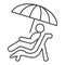 Person on sunbed thin line icon, summer concept, Man lying on deck chair under umbrella sign on white background