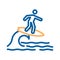 Person surfing in his surfboard on a wave in the sea. Vector thin line icon illustration