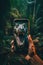 A person taking a picture of a dinosaur. Generative AI image.