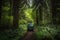 person, taking road trip through lush green forest, with van parked nearby