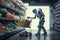 person, taking a robot shopping for groceries, with robot grabbing different food items