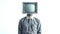 Person with a television set for a head on a white background. Concept of media influence, anonymity, information