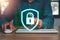 Person touching on VR screen padlock icon, cybersecurity expert working on secure access internet to protect server against cyberc