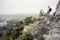 Person tourist stands on Mashuk mount, Pyatigorsk, Stavropol Krai, Russia