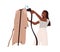 Person using clothes steamer. Woman holding portable steaming device for removing wrinkles from garment. Upright