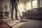 person vacuuming and cleaning a carpeting