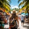 Person in vibrant marketplace in Phuket surrounded by colorful tropical fruits, souvenirs, and bustling vendors