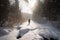 person, wading through snowshoeing trail, with snowy trees in the background