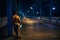 a person is walking on a dark wooden bridge at night