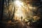 a person walking down a path in a forest with sunlight streaming through the trees on a foggy day with sun beams coming through