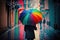 person, walking down the rainy street with rainbow umbrella, being protected from the rain