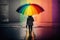 person, walking down the street, with colorful rainbow umbrella in hand