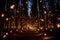 a person walking through a forest filled with lanterns