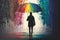 person, walking in the rain, with colorful umbrella and rainbow above