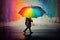 person, walking in the rain, with colorful umbrella and rainbow above