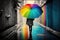 person, walking with rainbow umbrella on rainy street