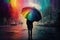 person, walking on rainy street, with rainbow umbrella and colorful sky in the background