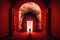 person, walking through red-carpeted hallway towards grandiose door to heaven
