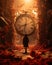 a person walking through a tunnel with a large clock in the middle of it