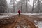 Person in warm red clothing walking in the forest in winter. Troodos mountain Cyprus