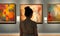 person watching television. Back of an adult woman looking at abstract style p