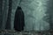 A person wearing a hooded cloak stands amidst the trees in the serene woodland, Mysterious cloaked figure standing at the edge of