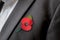 A person wearing a Remembrance Day poppy flower.