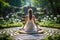 Person in white meditating in a serene garden