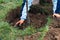 Person who dug a hole to transplant a tree in a garden