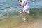 A person who is a fan of Candomble is seen entering the water on the beach to pay homage to Iemanja. City of Salvador, Bahia