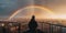 Person witnessing a rare meteorological phenomenon, as a vibrant double rainbow arcs across the sky above the cityscape