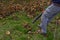 Person working in the garden cleaning ground out of fallen leaves with a special vacuum cleaner for garden work