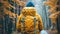 Person in yellow jacket and blue beanie hiking in foggy woods.