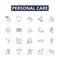 Personal care line vector icons and signs. Hygiene, Dieting, Exercise, Bathing, Skincare, Haircare, Oralcare, Makeup