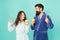 Personal care in morning. couple in bathrobe grooming. bearded man and girl healthy smile. family couple hold apple with